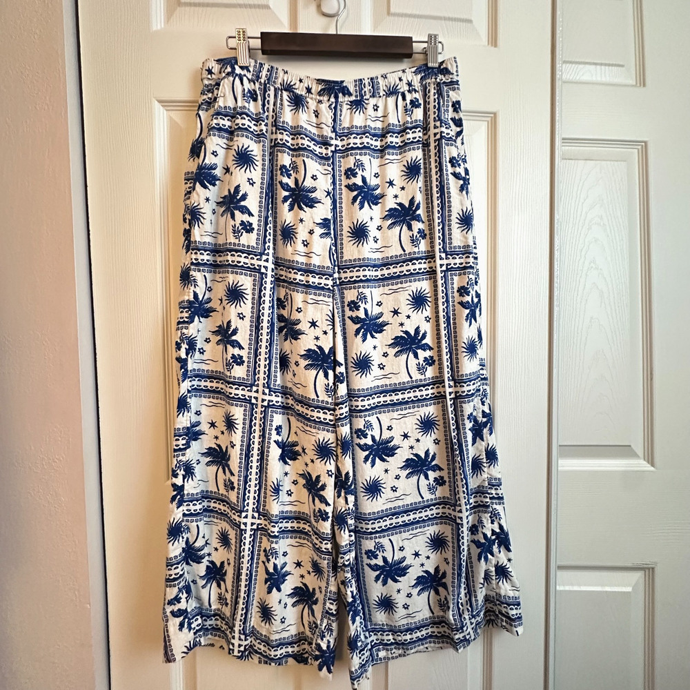 Sonoma Womens LG Tropical Palm Print High Rise Wide Leg Linen Blend Crop Pants